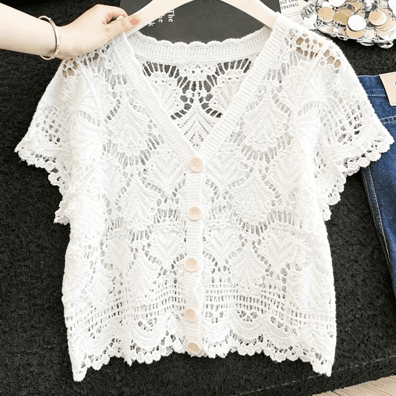 실사 부드러운 바람 자수 홀로우 아웃 작은 어깨 여성 여름 얇은 스타일 통기성 작은 키 스택 착용 에어컨 셔츠 외부 잡아라. 의류 상세 이미지 5