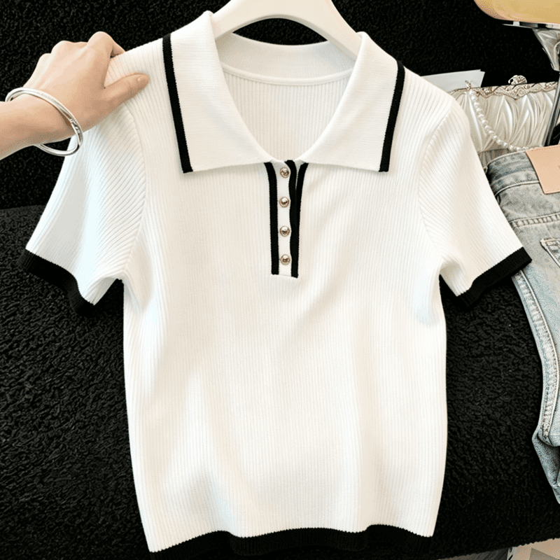 실사 화이트 POLO 칼라 배색 니트 반팔 티셔츠 여성 새로운 여름 슬림해 보이는 품격 다용도 쇼트 스타일 맨위 이미지 5