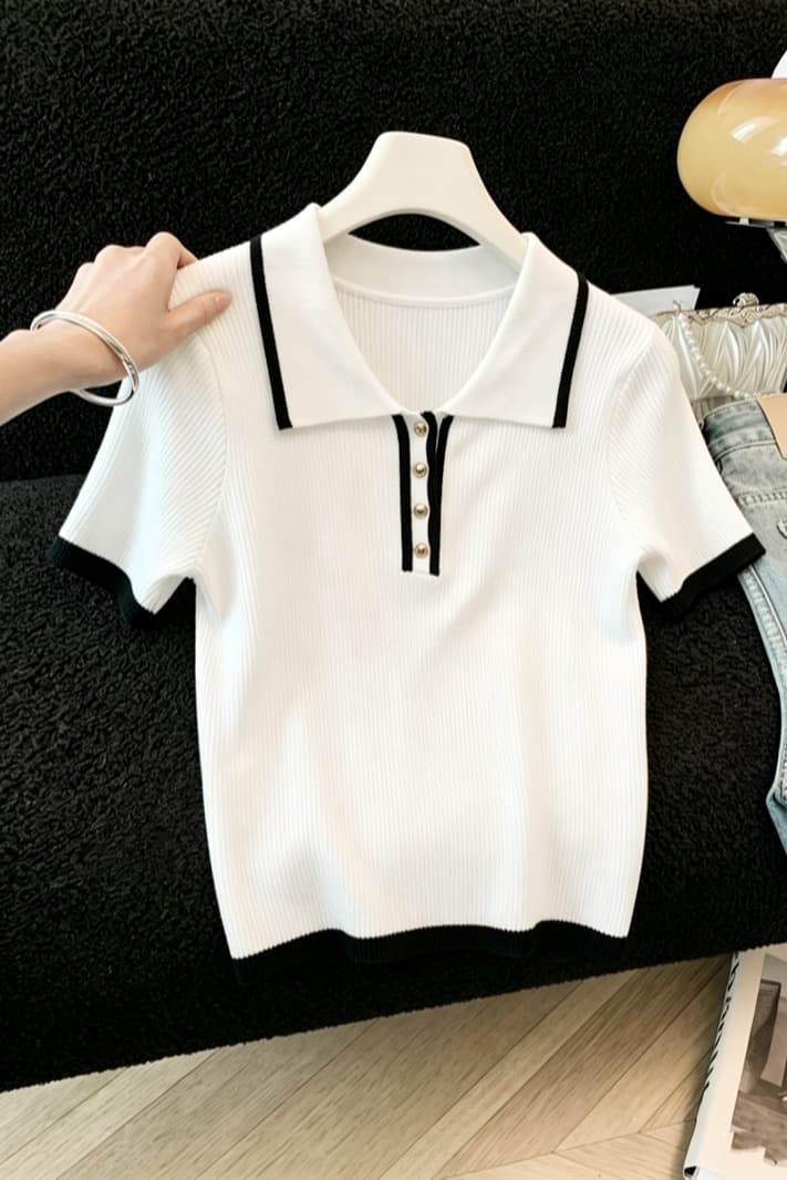 실사 화이트 POLO 칼라 배색 니트 반팔 티셔츠 여성 새로운 여름 슬림해 보이는 품격 다용도 쇼트 스타일 맨위 이미지 6