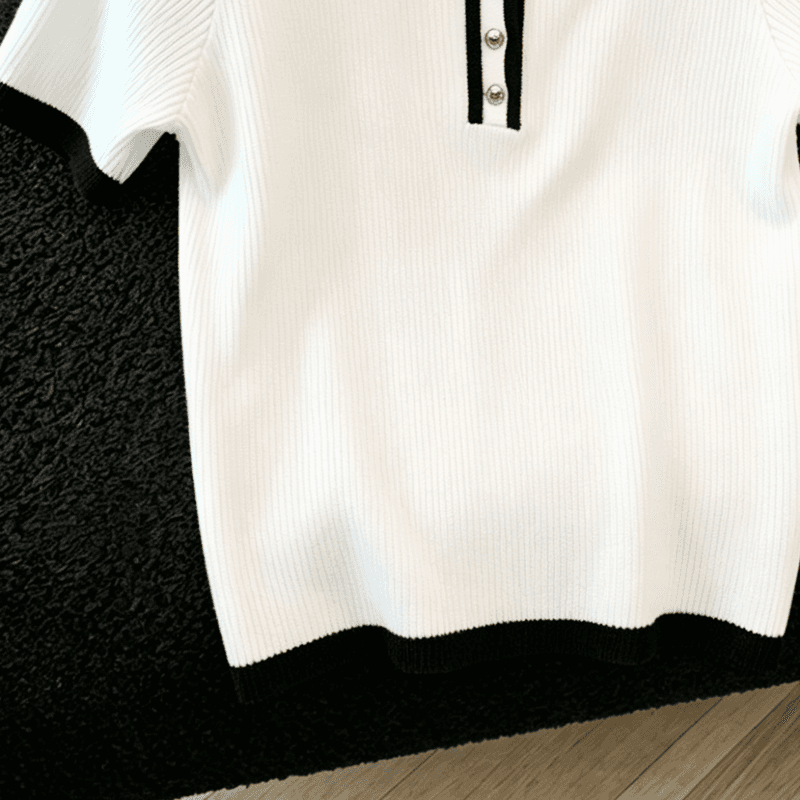 실사 화이트 POLO 칼라 배색 니트 반팔 티셔츠 여성 새로운 여름 슬림해 보이는 품격 다용도 쇼트 스타일 맨위 상세 이미지 4