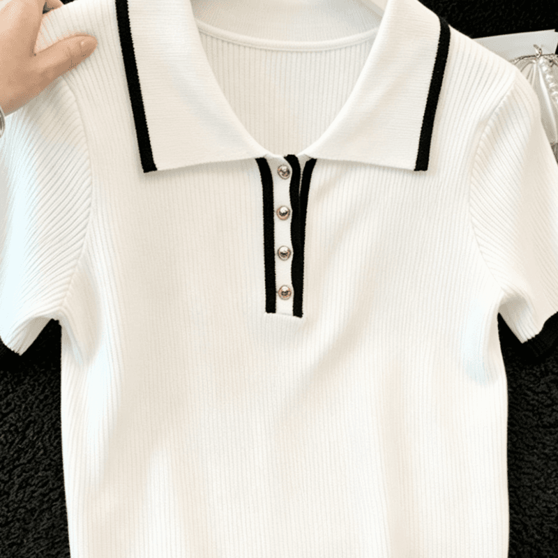 실사 화이트 POLO 칼라 배색 니트 반팔 티셔츠 여성 새로운 여름 슬림해 보이는 품격 다용도 쇼트 스타일 맨위 상세 이미지 6