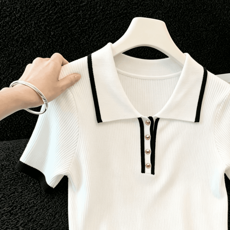 실사 화이트 POLO 칼라 배색 니트 반팔 티셔츠 여성 새로운 여름 슬림해 보이는 품격 다용도 쇼트 스타일 맨위 상세 이미지 8