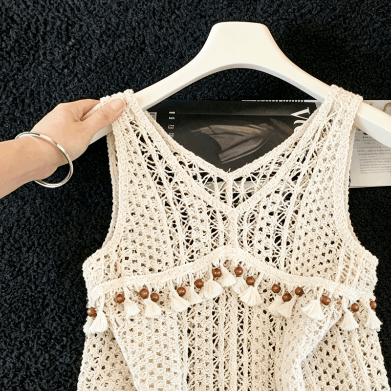 실사 프랑스식 자수 홀로우 아웃 술 니트 캐미솔 여름 외출용 루즈핏 표지 고기 자외선 차단 작은 셔츠 이미지 3