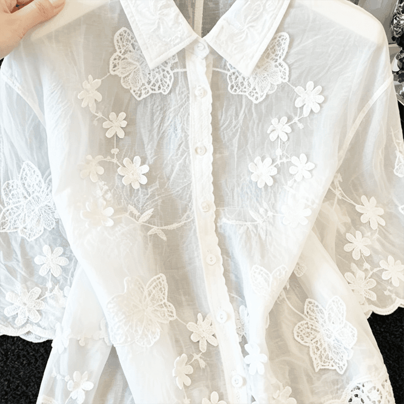 실사 프랑스식 달콤함 연령 감소 POLO 칼라 자수 레이스 셔츠 여성 Chic 루즈핏 슬림해 보이는 다용도 셔츠 맨위 이미지 5