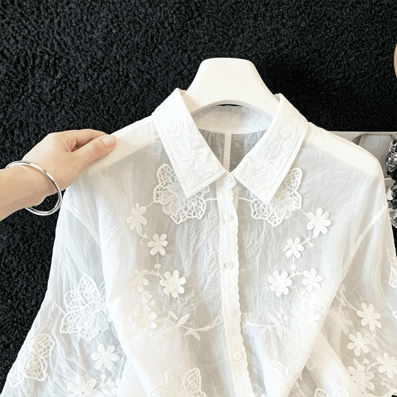 실사 프랑스식 달콤함 연령 감소 POLO 칼라 자수 레이스 셔츠 여성 Chic 루즈핏 슬림해 보이는 다용도 셔츠 맨위 이미지 3