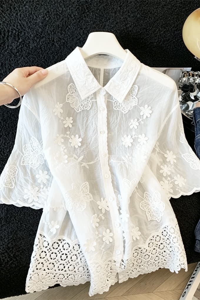 실사 프랑스식 달콤함 연령 감소 POLO 칼라 자수 레이스 셔츠 여성 Chic 루즈핏 슬림해 보이는 다용도 셔츠 맨위 이미지 7