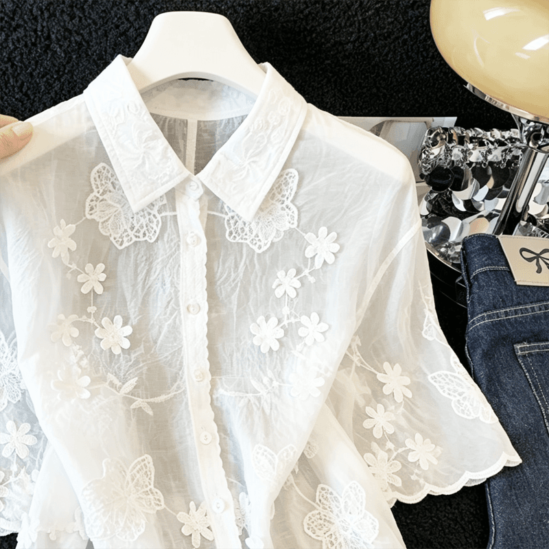 실사 프랑스식 달콤함 연령 감소 POLO 칼라 자수 레이스 셔츠 여성 Chic 루즈핏 슬림해 보이는 다용도 셔츠 맨위 상세 이미지 3