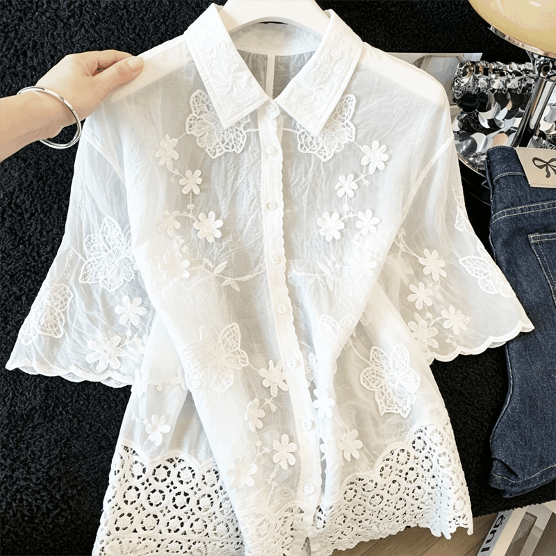 실사 프랑스식 달콤함 연령 감소 POLO 칼라 자수 레이스 셔츠 여성 Chic 루즈핏 슬림해 보이는 다용도 셔츠 맨위 상세 이미지 5