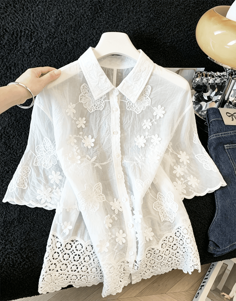 실사 프랑스식 달콤함 연령 감소 POLO 칼라 자수 레이스 셔츠 여성 Chic 루즈핏 슬림해 보이는 다용도 셔츠 맨위 상세 이미지 7