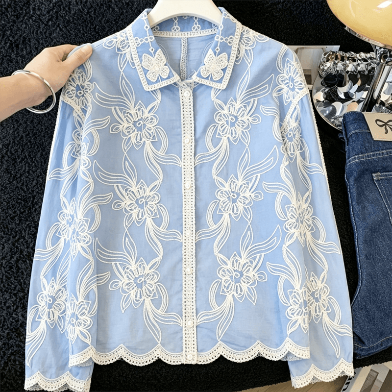 실사 프랑스식 무거운 작업 자수 꽃무늬 POLO 칼라 여성 셔츠 가을 레트로 레이스 레이스 루즈핏 긴팔 맨위 상세 이미지 5