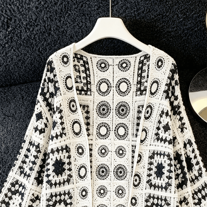 실사 민족 스타일 레트로 홀로우 아웃 자수 중간 길이 니트 스웨터 여성 가을 외부 가져 가라. 루즈핏 긴팔 카디건 코트 이미지 3