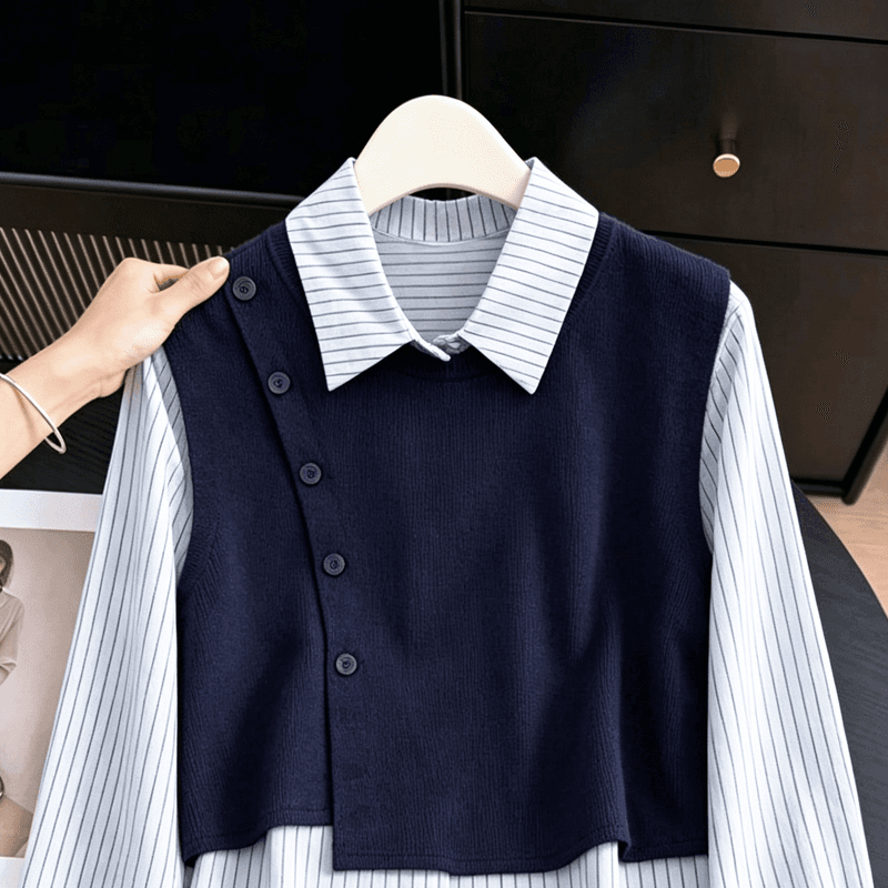 실사 디자인 센스 스트라이프 패치워크 페이크 레이어드 셔츠 여성 가을 새로운 다용도 캐주얼 Chic 폴로 칼라 맨위 이미지 3
