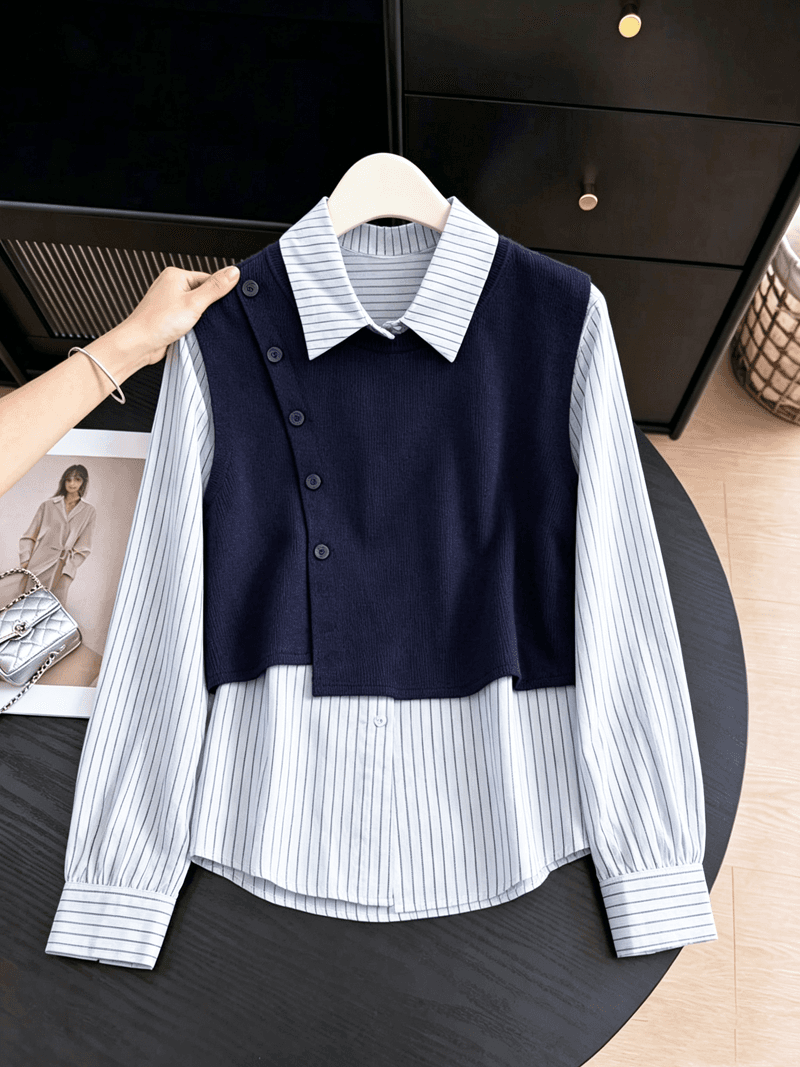 실사 디자인 센스 스트라이프 패치워크 페이크 레이어드 셔츠 여성 가을 새로운 다용도 캐주얼 Chic 폴로 칼라 맨위 상세 이미지 1
