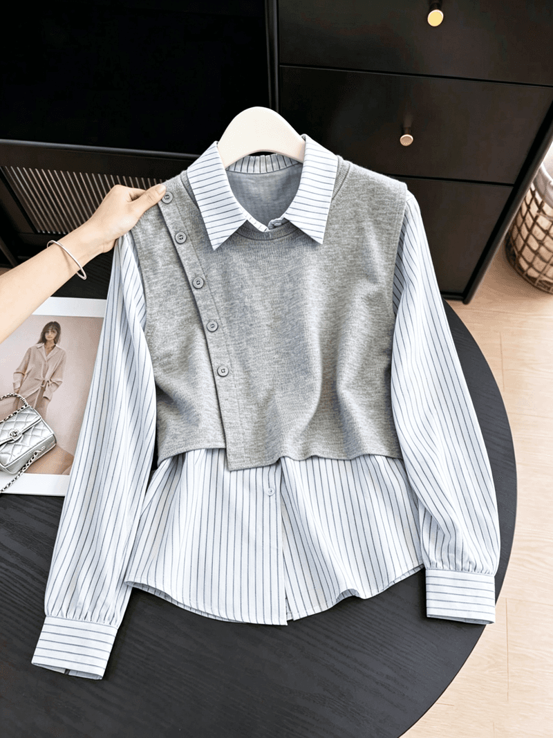 실사 디자인 센스 스트라이프 패치워크 페이크 레이어드 셔츠 여성 가을 새로운 다용도 캐주얼 Chic 폴로 칼라 맨위 상세 이미지 7