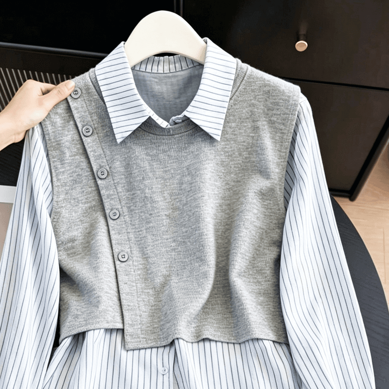 실사 디자인 센스 스트라이프 패치워크 페이크 레이어드 셔츠 여성 가을 새로운 다용도 캐주얼 Chic 폴로 칼라 맨위 상세 이미지 8