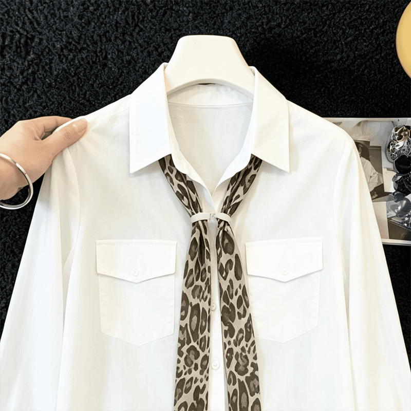 실사 캐주얼 착용 가져 가라. 레오파드 무늬 레이스업 소매 여성 셔츠 가을 새로운 고급 센스 외국 가스 다용도 긴팔 맨위 이미지 5