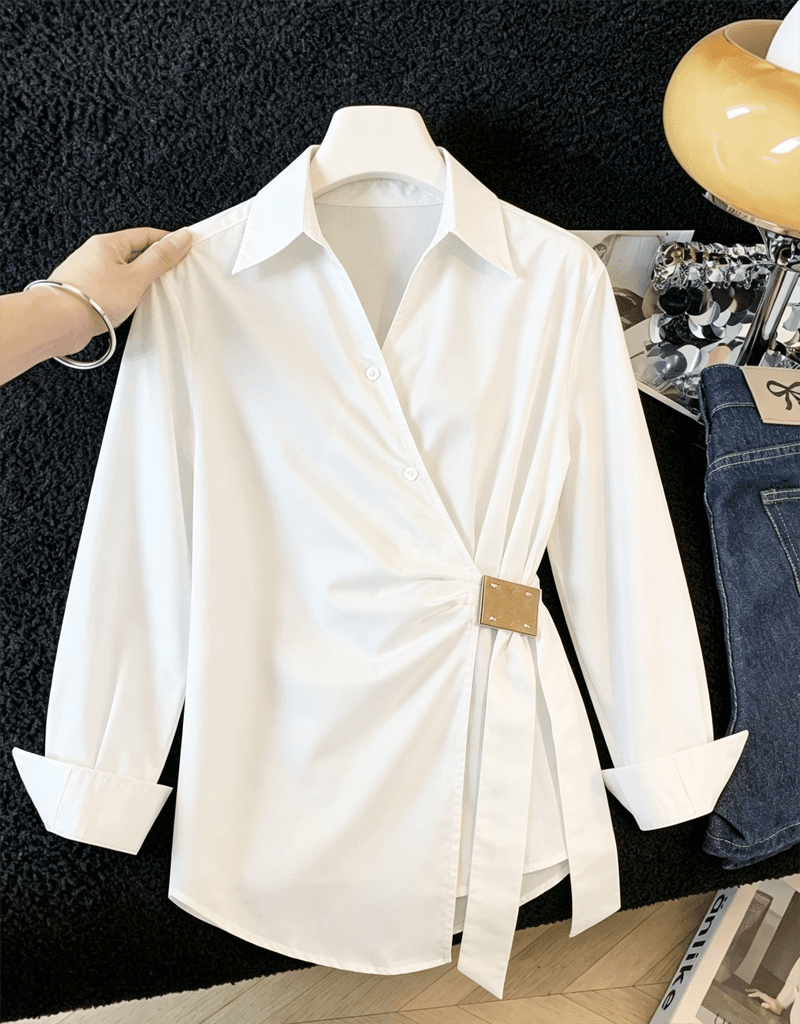 실사 프랑스식 V넥 꼬집기 허리 레이스업 허리 수축 셔츠 여성 이른 가을 새로운 불규칙 플리츠 슬림해 보이는 긴팔 맨위 상세 이미지 1