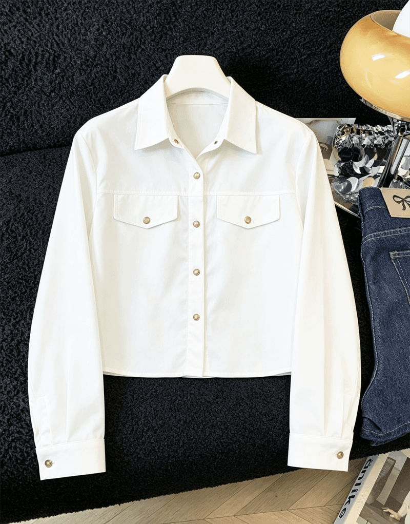 실사 캐주얼 POLO 칼라 루즈핏 긴팔 여성 셔츠 가을 새로운 품격 얇은 스타일 워크웨어 쇼트 스타일 재킷 맨위 상세 이미지 1