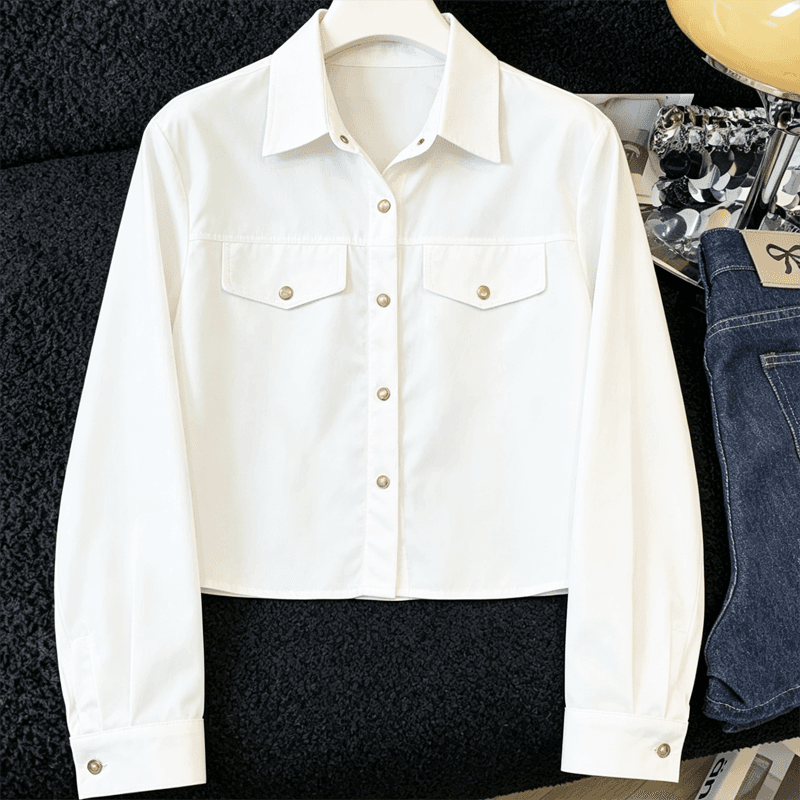 실사 캐주얼 POLO 칼라 루즈핏 긴팔 여성 셔츠 가을 새로운 품격 얇은 스타일 워크웨어 쇼트 스타일 재킷 맨위 상세 이미지 5