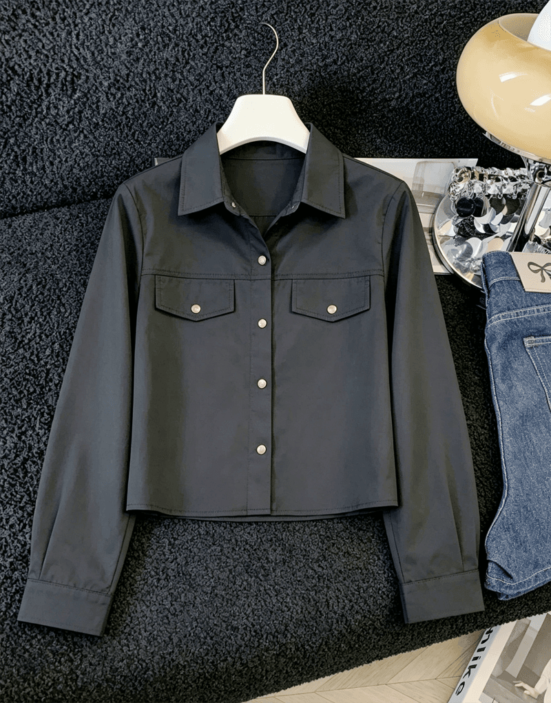실사 캐주얼 POLO 칼라 루즈핏 긴팔 여성 셔츠 가을 새로운 품격 얇은 스타일 워크웨어 쇼트 스타일 재킷 맨위 상세 이미지 10