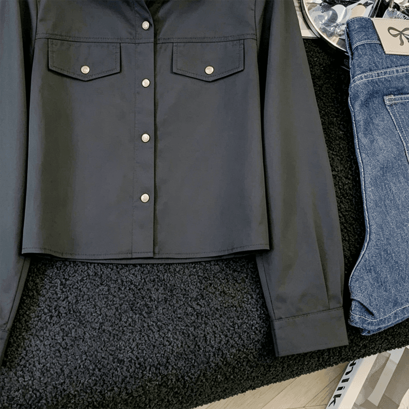 실사 캐주얼 POLO 칼라 루즈핏 긴팔 여성 셔츠 가을 새로운 품격 얇은 스타일 워크웨어 쇼트 스타일 재킷 맨위 상세 이미지 12