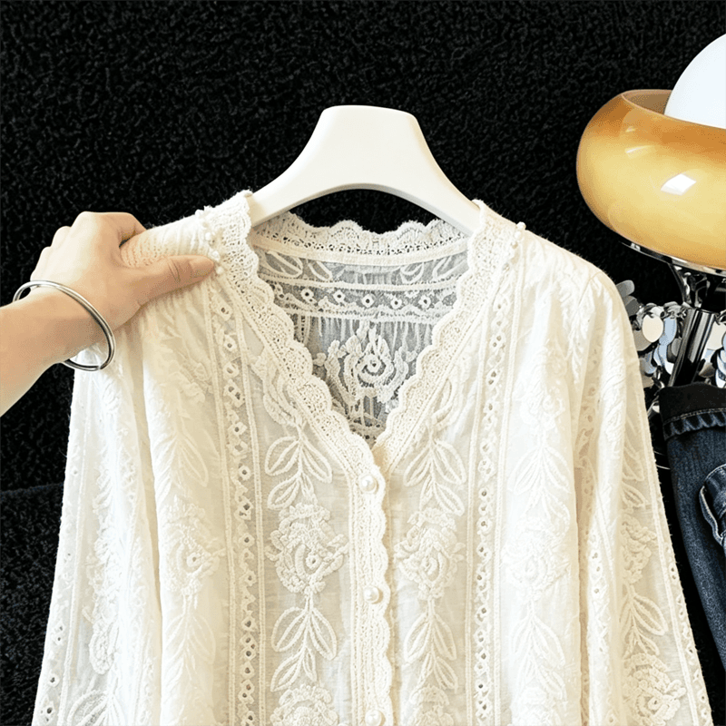 실사 부드러운 바람 품격 레이스 V넥 레이스 셔츠 여성 가을 겨울 새로운 연령 감소 다용도 긴팔 오픈 가디건 맨위 이미지 3