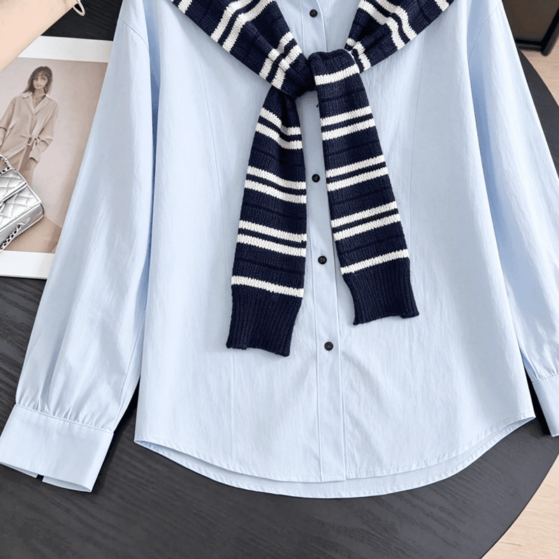 실사 한 부서 고급 센스 ins 바람 긴팔 여성 셔츠 스트라이프 니트 숄 몸매 가꾸기 다용도 맨위 투피스 세트 상세 이미지 4