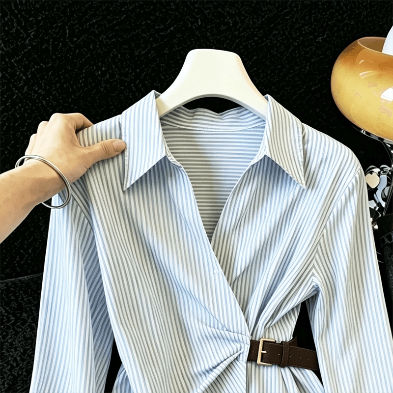 실사 프랑스식 V넥 스트라이프 긴팔 셔츠 여성 코트 이른 가을 새로운 디자인 센스 스트랩 허리 수축 다용도 셔츠 이미지 3
