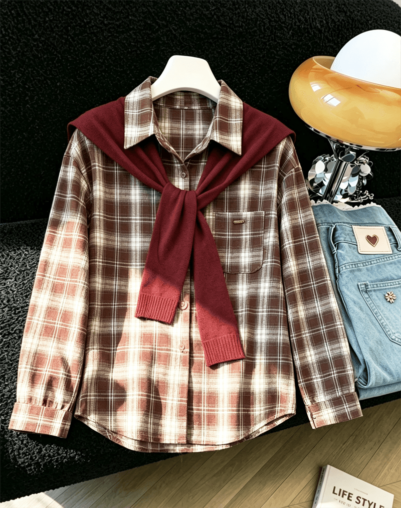 실사 홍콩 스타일 캐주얼 숄 체크무늬 여성 셔츠 가을 새로운 패션 연령 감소 다용도 루즈핏 긴팔 맨위 상세 이미지 3