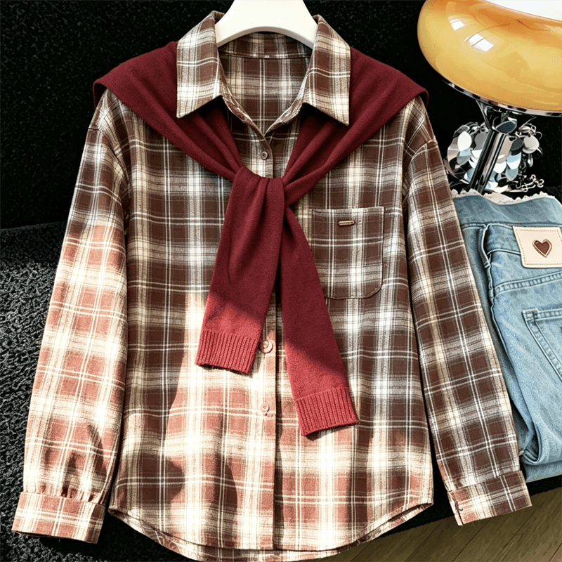 실사 홍콩 스타일 캐주얼 숄 체크무늬 여성 셔츠 가을 새로운 패션 연령 감소 다용도 루즈핏 긴팔 맨위 상세 이미지 7