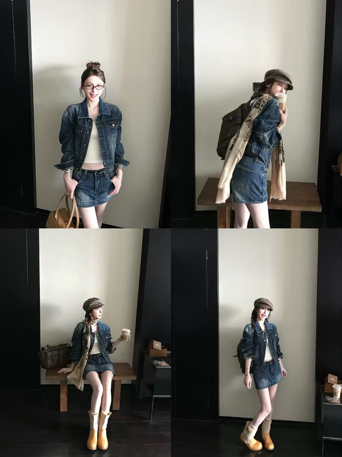 skk store 느슨함 타닌 핫걸 워싱 블루 면 부드러운 느슨함 자기 접촉 데님 재킷 미니 스커트 세트 여성 이미지 4