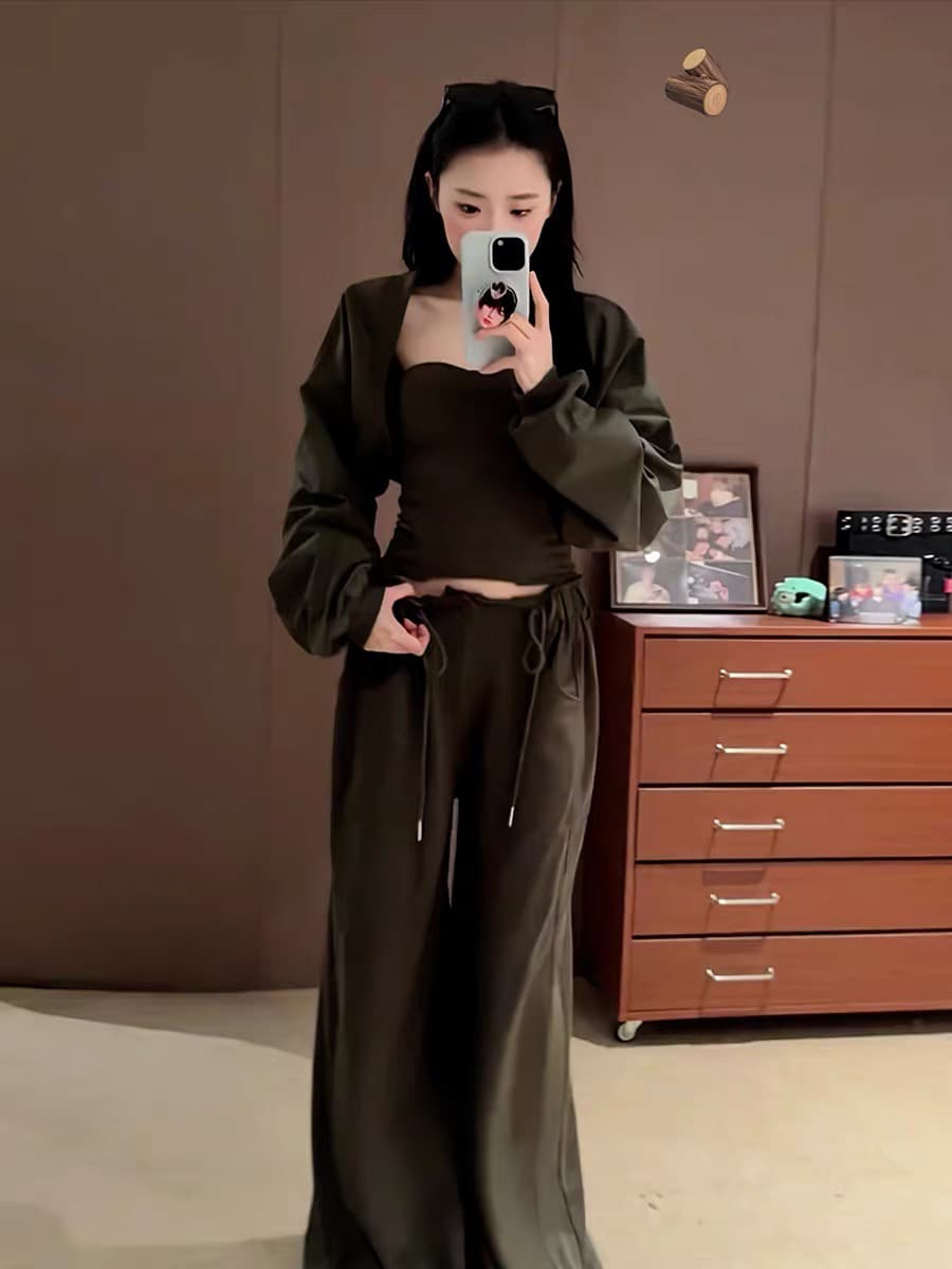 아메리칸 레트로 품격 핫걸 튜브탑 오픈 가디건 스트레이트 긴 바지 여성 의류 2026 가을 겨울 새로운 캐주얼 패션 세트