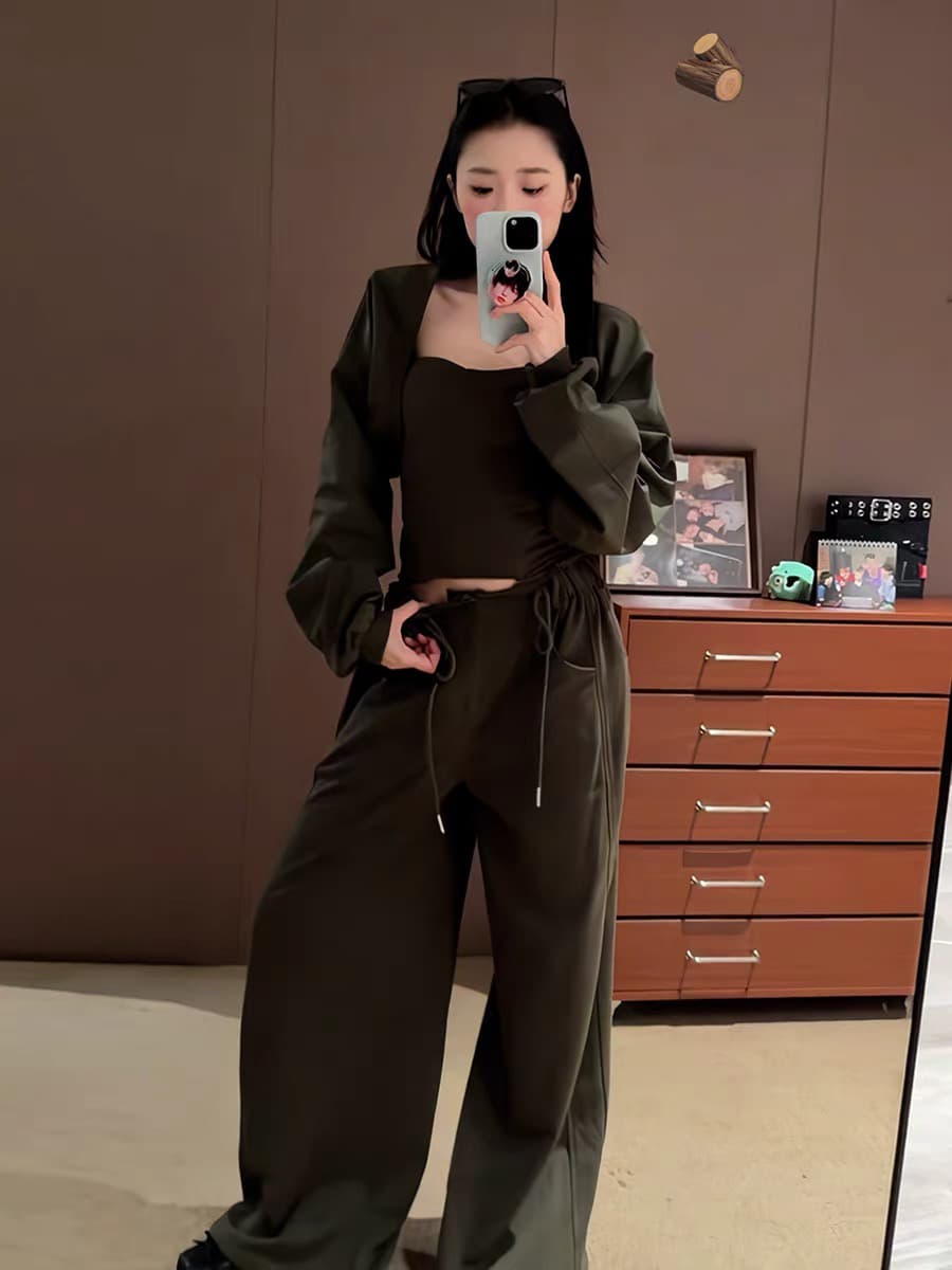 아메리칸 레트로 품격 핫걸 튜브탑 오픈 가디건 스트레이트 긴 바지 여성 의류 2026 가을 겨울 새로운 캐주얼 패션 세트 이미지 4