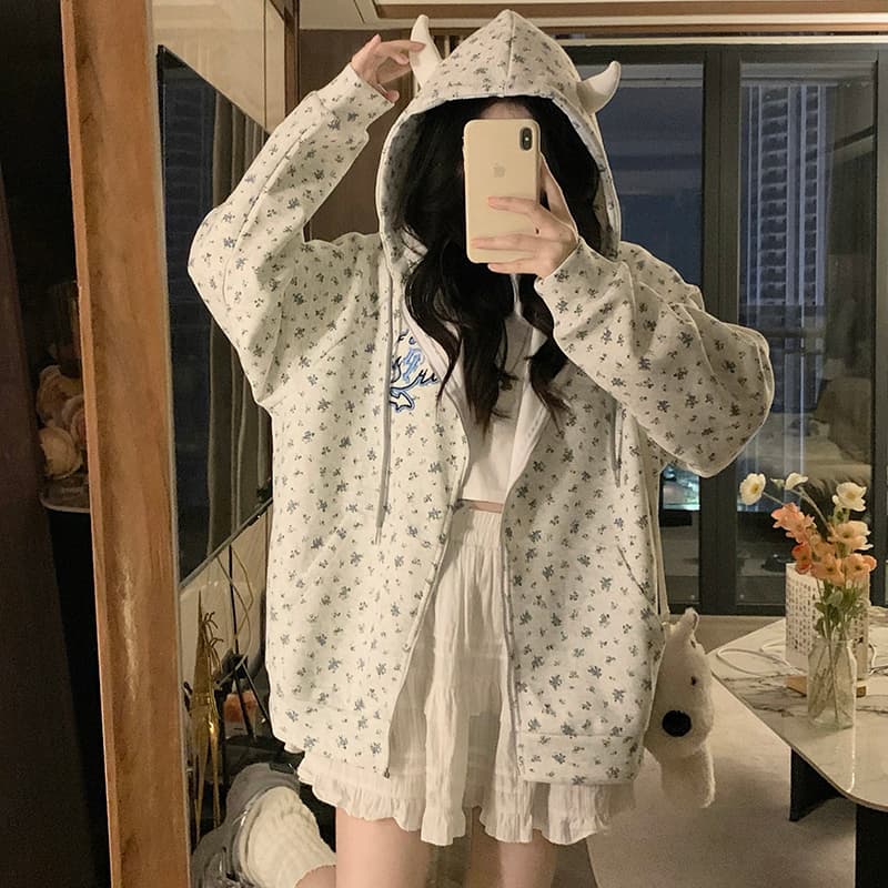 2026 한 부서 파란색 꽃무늬 스트라이프 오픈 가디건 여성 코트 봄 가을 작은 대중 루즈핏 캐주얼 얇은 스타일 슈퍼 잘 생긴 재킷 이미지 4