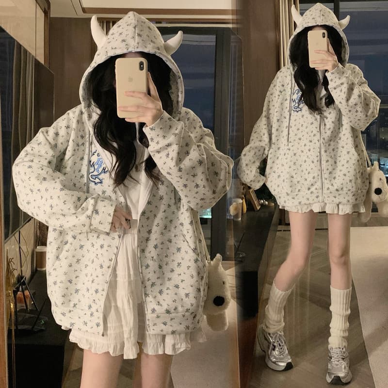 2026 한 부서 파란색 꽃무늬 스트라이프 오픈 가디건 여성 코트 봄 가을 작은 대중 루즈핏 캐주얼 얇은 스타일 슈퍼 잘 생긴 재킷 이미지 2