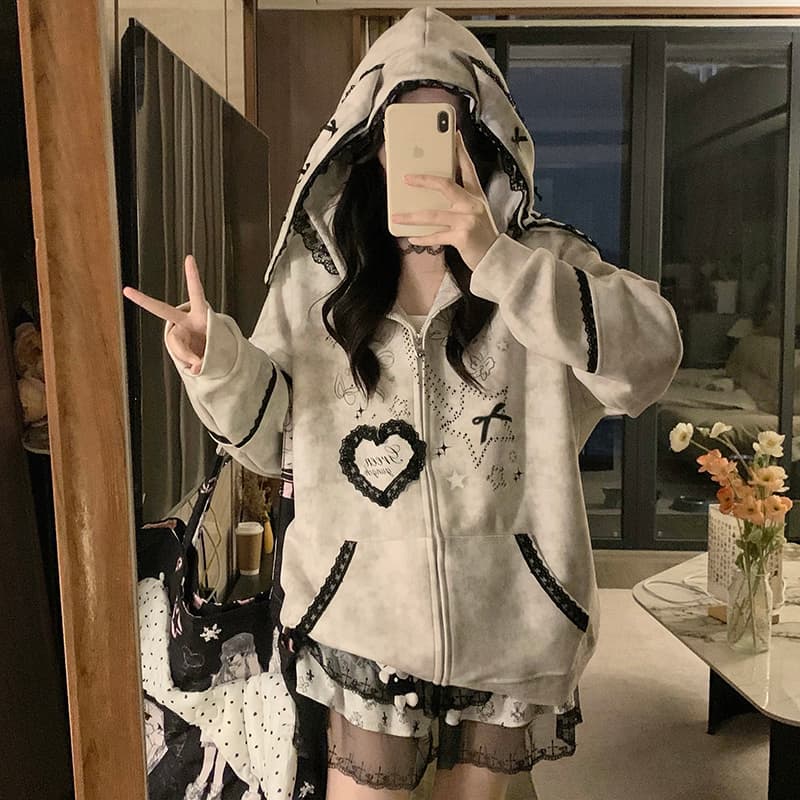 실사 작은 대중 오리지널 달콤한 차가운 바람 길다 귀 레이스 후드 티 스웨터 여성 루즈핏 디자인 센스 카디건 코트 이미지 6