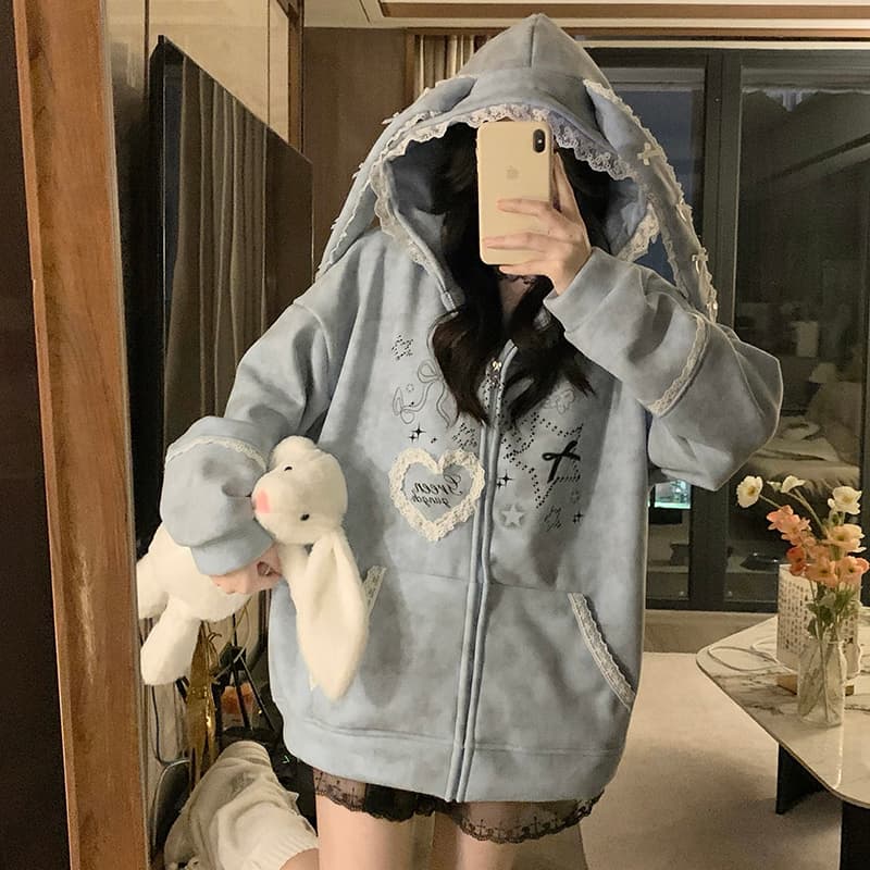 실사 작은 대중 오리지널 달콤한 차가운 바람 길다 귀 레이스 후드 티 스웨터 여성 루즈핏 디자인 센스 카디건 코트 이미지 3