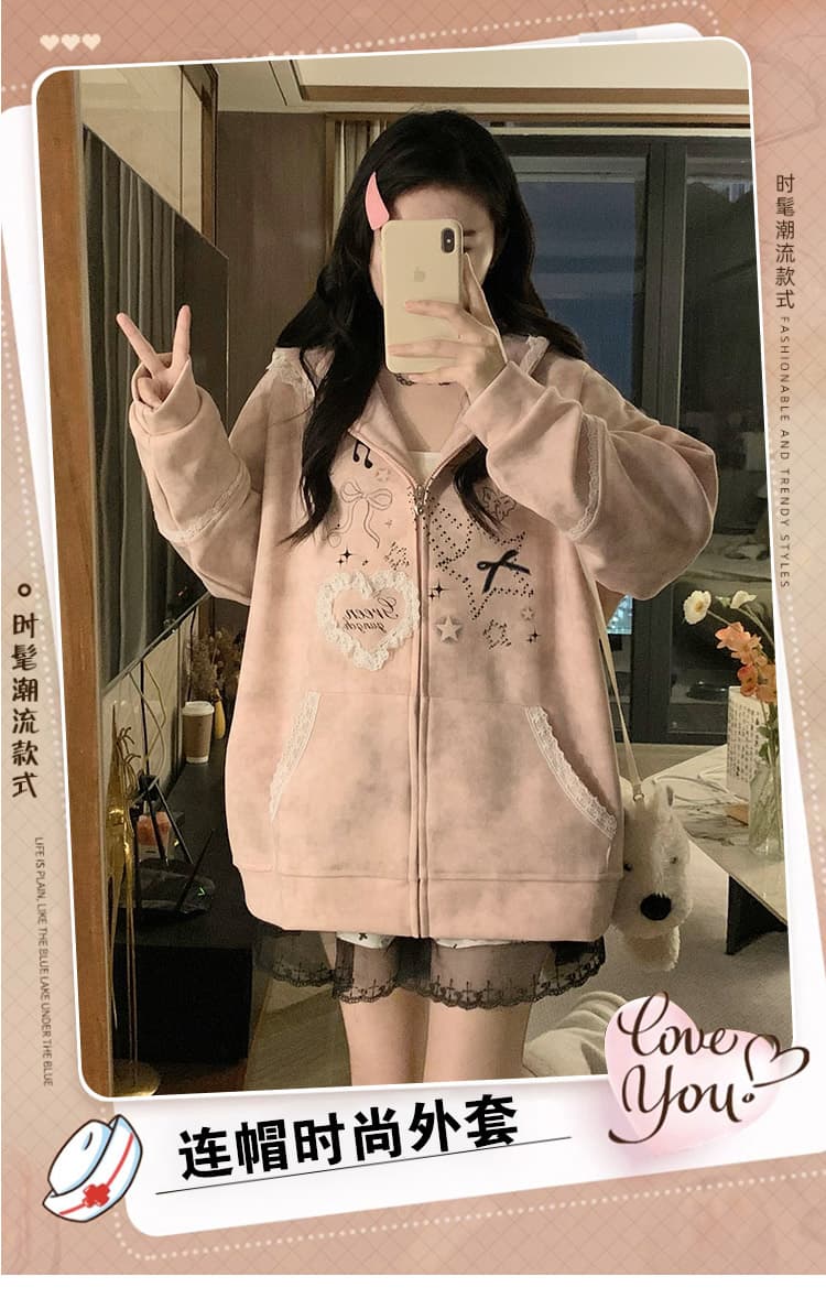 실사 작은 대중 오리지널 달콤한 차가운 바람 길다 귀 레이스 후드 티 스웨터 여성 루즈핏 디자인 센스 카디건 코트 상세 이미지 1