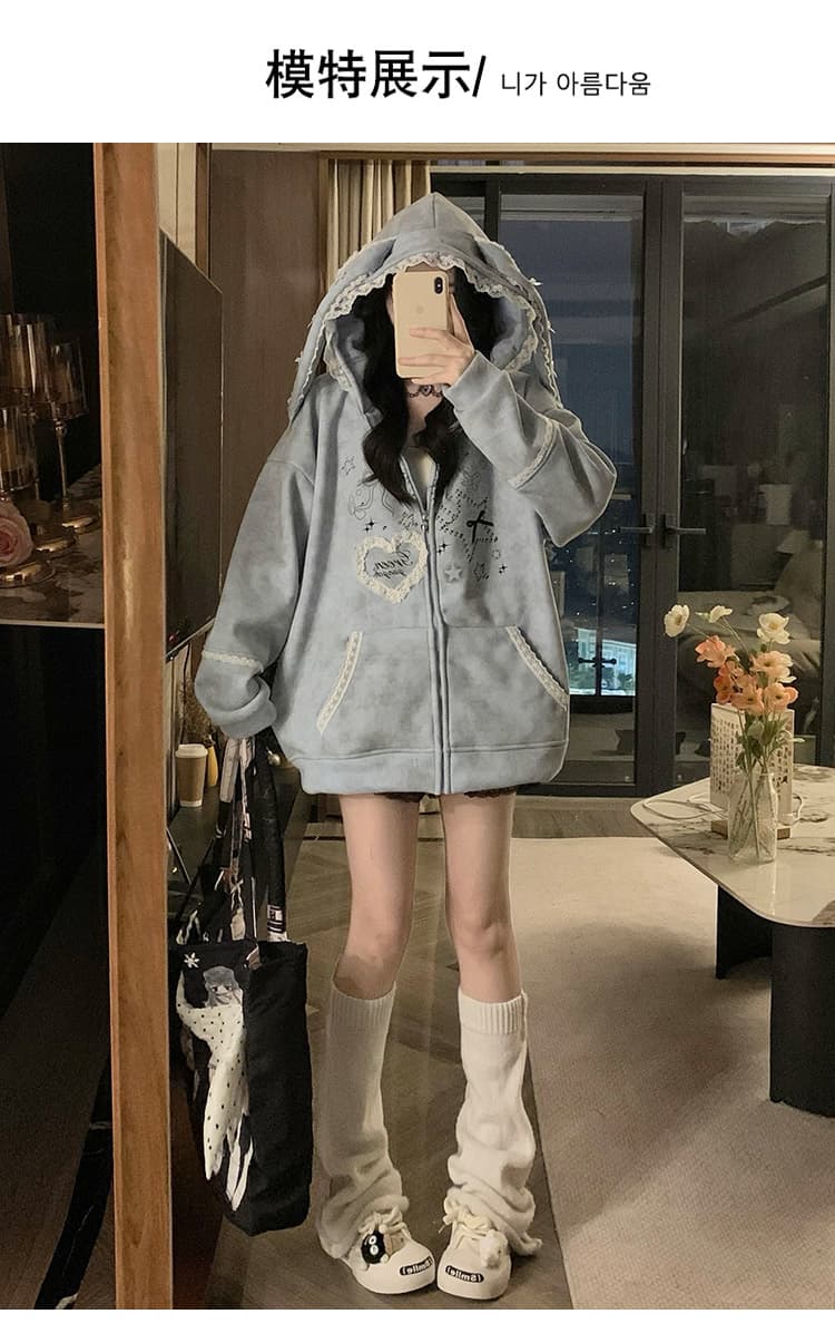 실사 작은 대중 오리지널 달콤한 차가운 바람 길다 귀 레이스 후드 티 스웨터 여성 루즈핏 디자인 센스 카디건 코트 상세 이미지 10