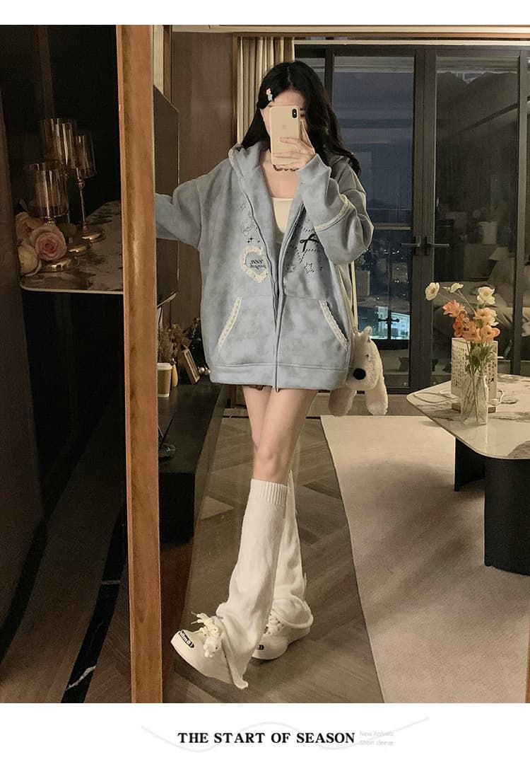 실사 작은 대중 오리지널 달콤한 차가운 바람 길다 귀 레이스 후드 티 스웨터 여성 루즈핏 디자인 센스 카디건 코트 상세 이미지 12