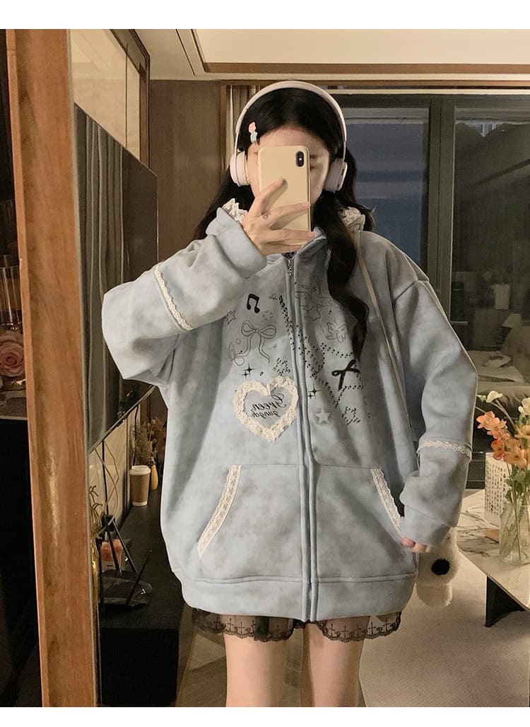 실사 작은 대중 오리지널 달콤한 차가운 바람 길다 귀 레이스 후드 티 스웨터 여성 루즈핏 디자인 센스 카디건 코트 상세 이미지 13