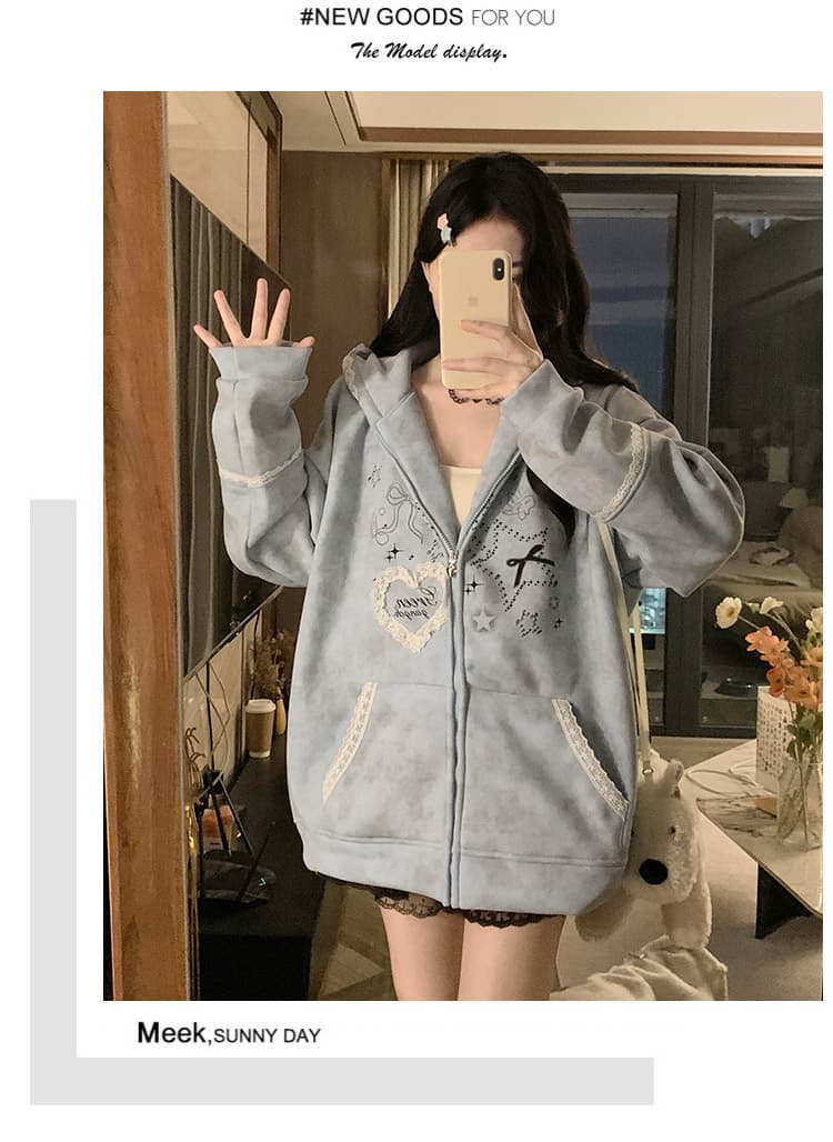 실사 작은 대중 오리지널 달콤한 차가운 바람 길다 귀 레이스 후드 티 스웨터 여성 루즈핏 디자인 센스 카디건 코트 상세 이미지 14
