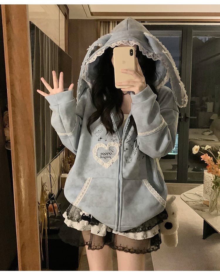 실사 작은 대중 오리지널 달콤한 차가운 바람 길다 귀 레이스 후드 티 스웨터 여성 루즈핏 디자인 센스 카디건 코트 상세 이미지 15