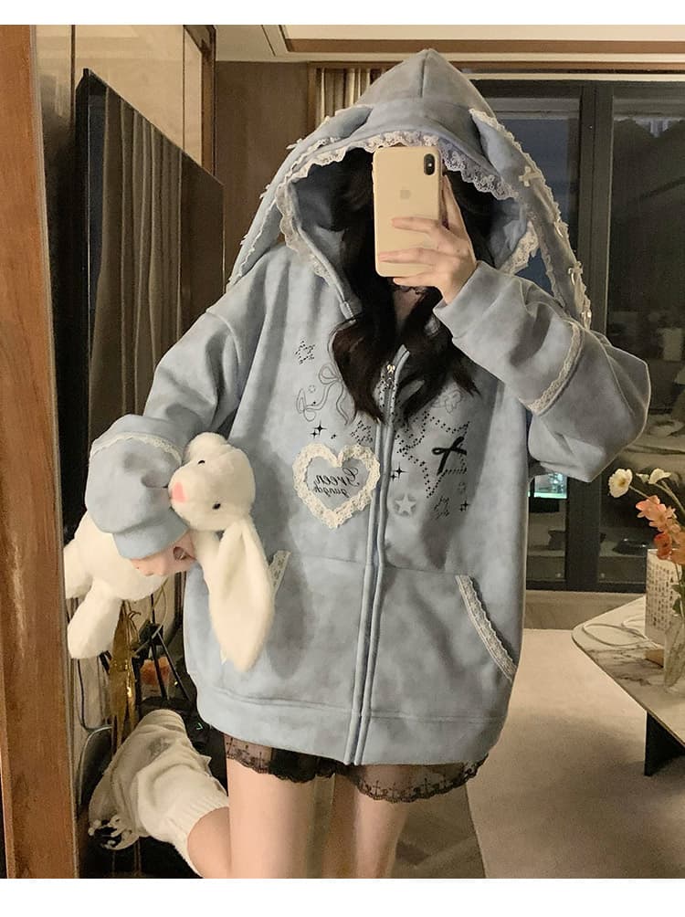 실사 작은 대중 오리지널 달콤한 차가운 바람 길다 귀 레이스 후드 티 스웨터 여성 루즈핏 디자인 센스 카디건 코트 상세 이미지 17