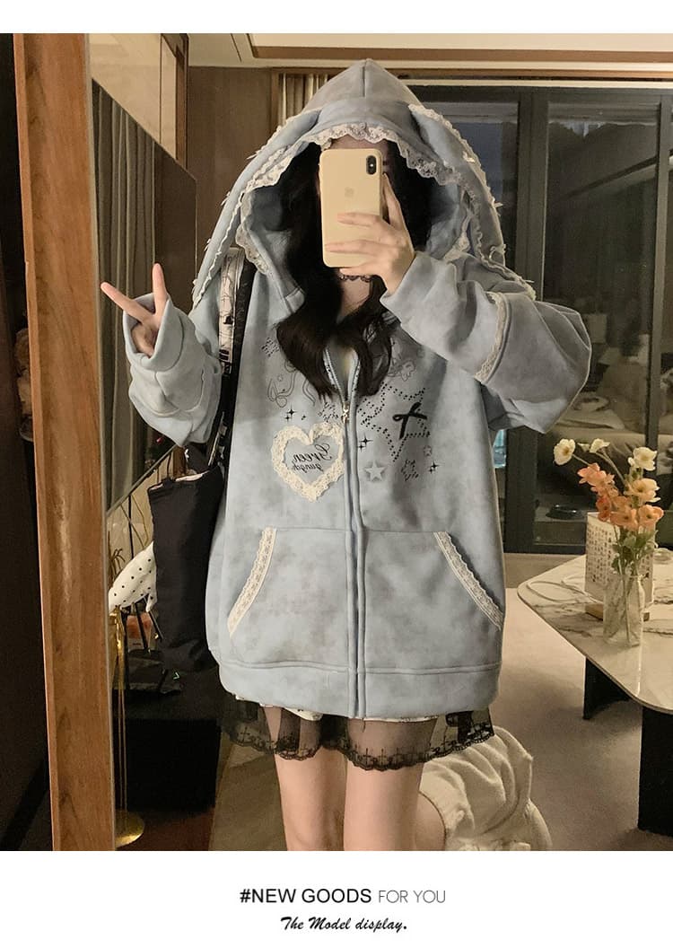 실사 작은 대중 오리지널 달콤한 차가운 바람 길다 귀 레이스 후드 티 스웨터 여성 루즈핏 디자인 센스 카디건 코트 상세 이미지 18