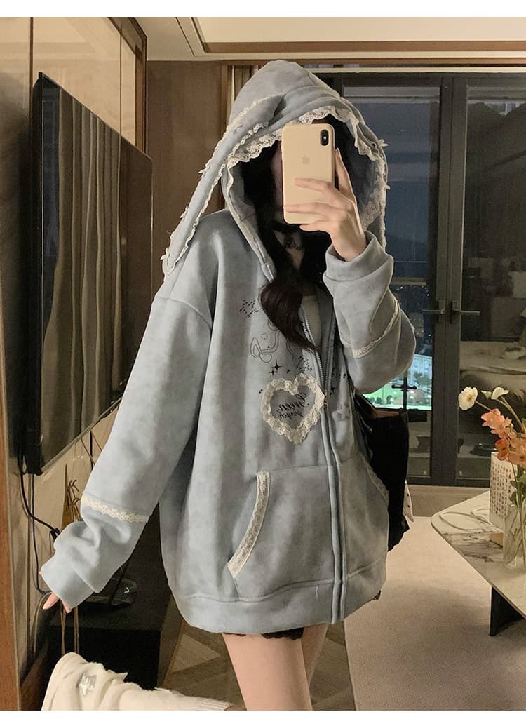 실사 작은 대중 오리지널 달콤한 차가운 바람 길다 귀 레이스 후드 티 스웨터 여성 루즈핏 디자인 센스 카디건 코트 상세 이미지 19