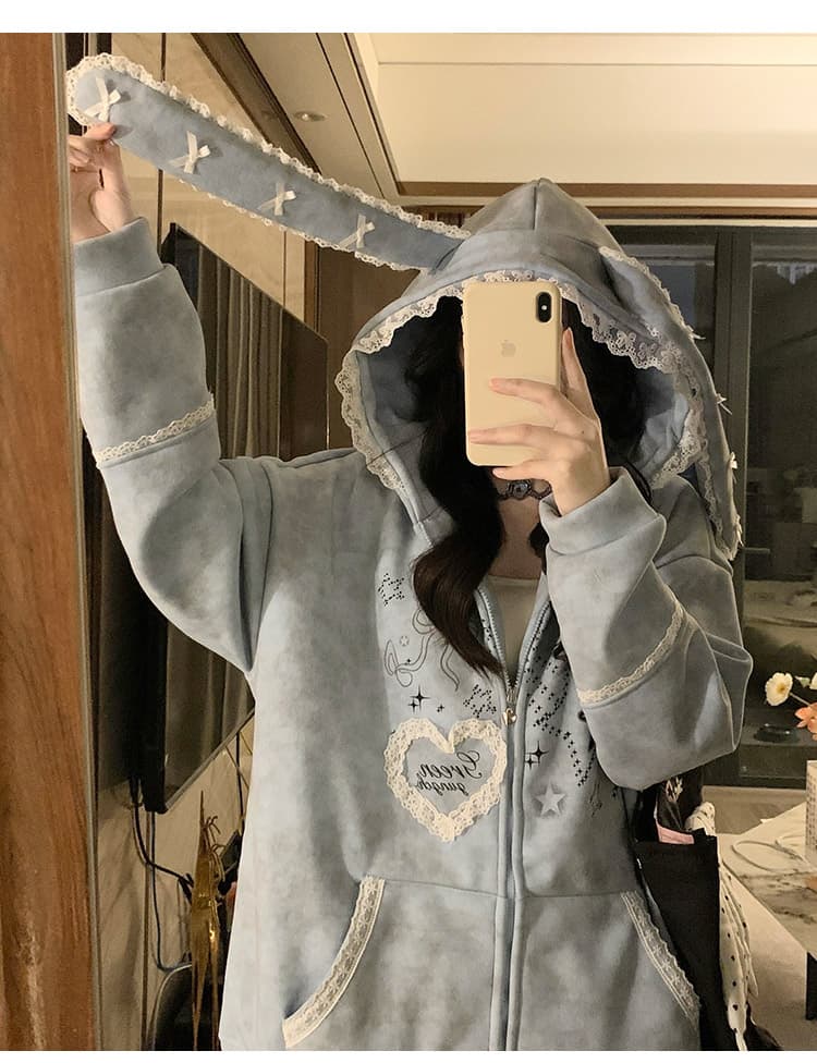 실사 작은 대중 오리지널 달콤한 차가운 바람 길다 귀 레이스 후드 티 스웨터 여성 루즈핏 디자인 센스 카디건 코트 상세 이미지 20