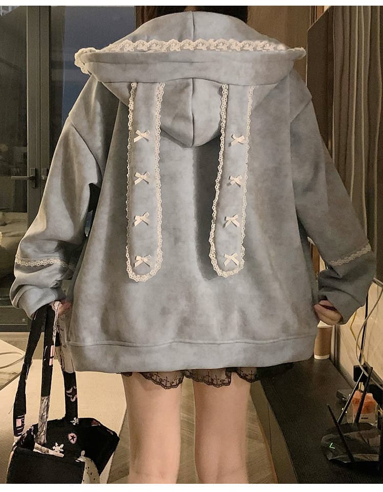 실사 작은 대중 오리지널 달콤한 차가운 바람 길다 귀 레이스 후드 티 스웨터 여성 루즈핏 디자인 센스 카디건 코트 상세 이미지 22