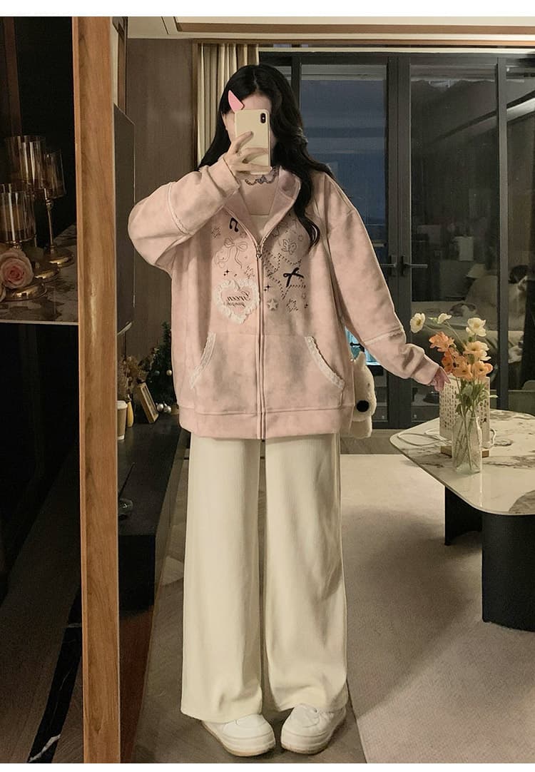 실사 작은 대중 오리지널 달콤한 차가운 바람 길다 귀 레이스 후드 티 스웨터 여성 루즈핏 디자인 센스 카디건 코트 상세 이미지 23