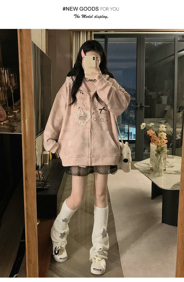 실사 작은 대중 오리지널 달콤한 차가운 바람 길다 귀 레이스 후드 티 스웨터 여성 루즈핏 디자인 센스 카디건 코트 상세 이미지 24